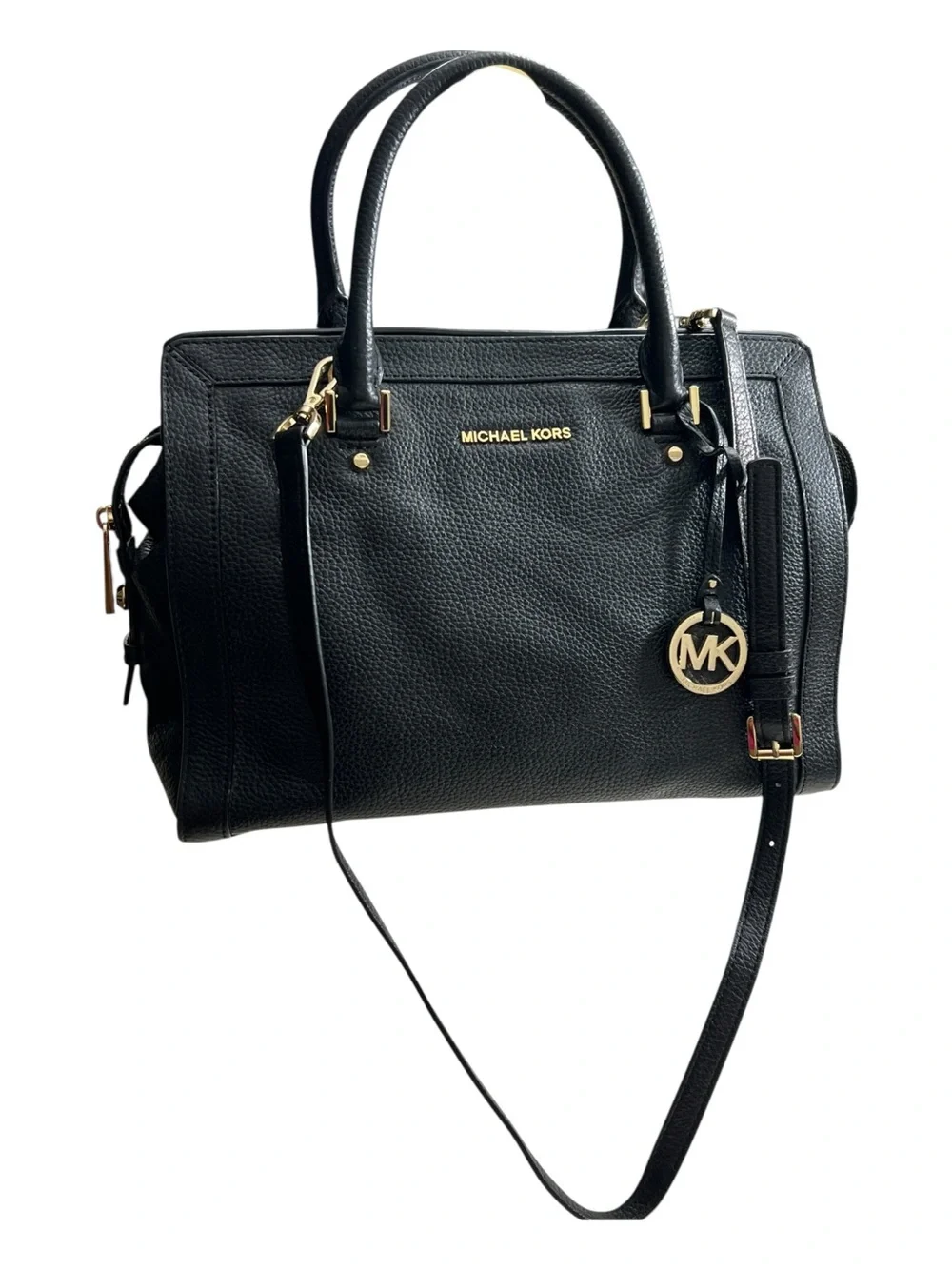 Michael Kors Black Leather Satchel with Gold MK Charm